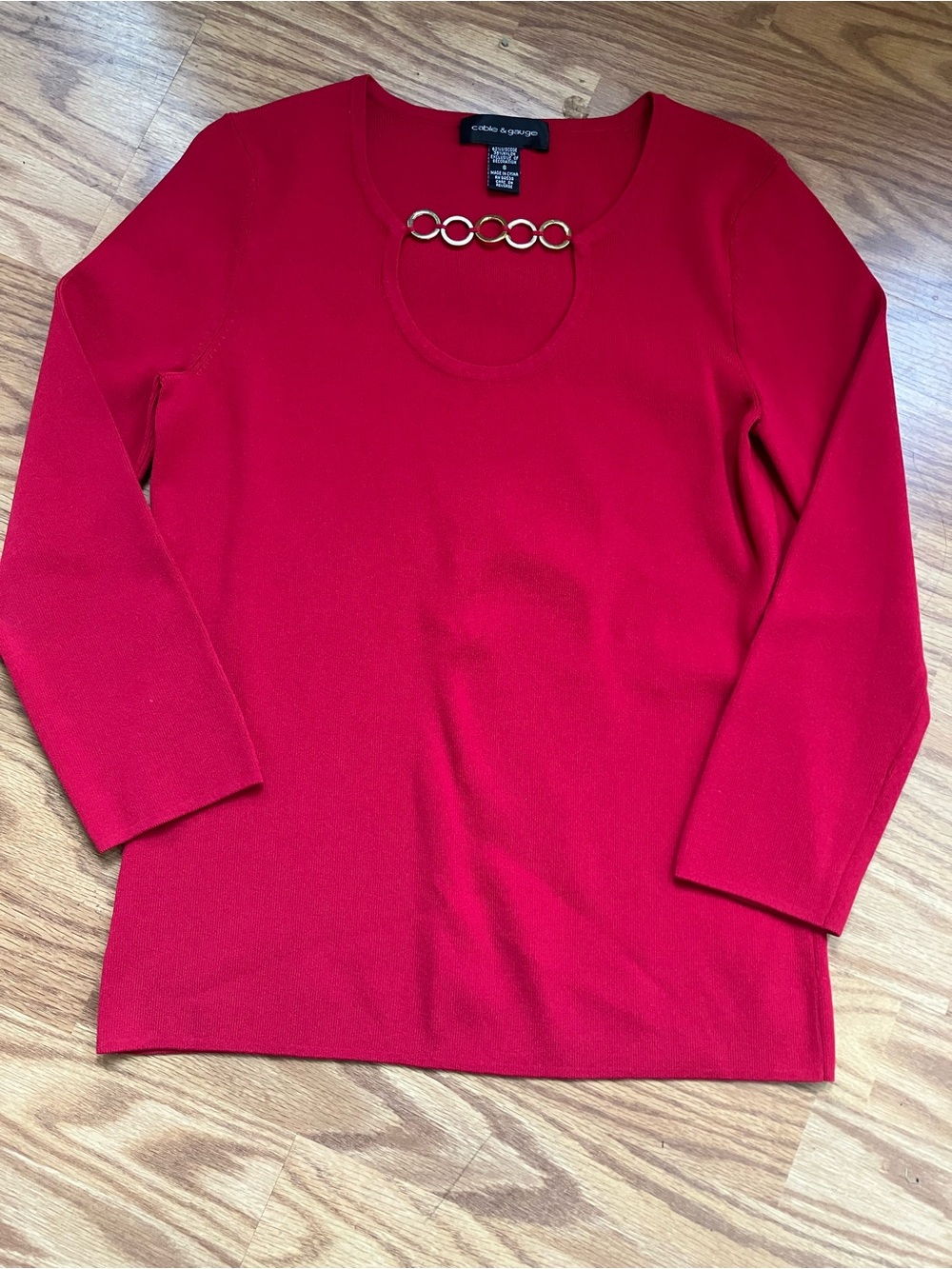 Cable & Gauge Red Long Sleeve Scoop Neck Top with Gold Ring Accent